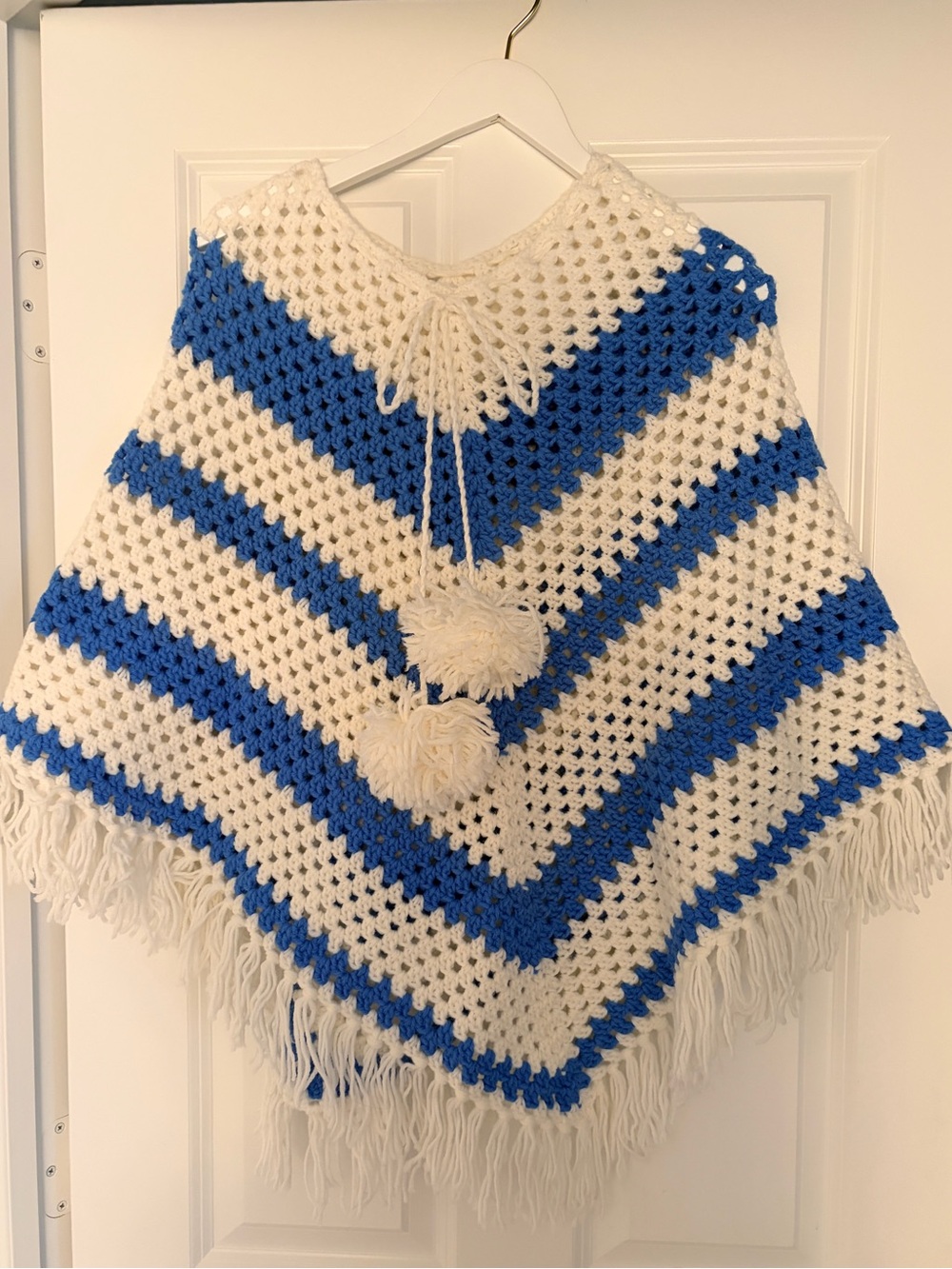 Vintage Blue and White Crochet Poncho with Fringe